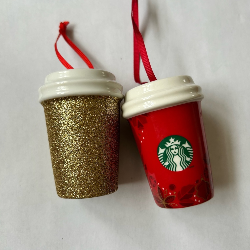 Starbucks Gold and Red Ornament Duo